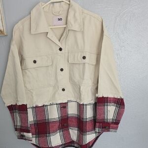 SO Cream Canvas Jacket with Red Plaid Flannel Hem